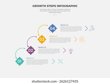 growth steps journey concept infographic outline style with 4 point template with diamond shape and arrow dot connection for slide presentation vector