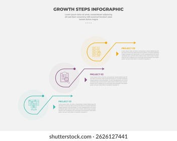 growth steps journey concept infographic outline style with 3 point template with transparent circle with arrow line dot connection for slide presentation vector