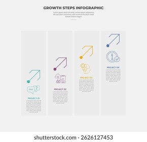 growth steps journey concept infographic outline style with 4 point template with big vertical box container with up arrow direction for slide presentation vector