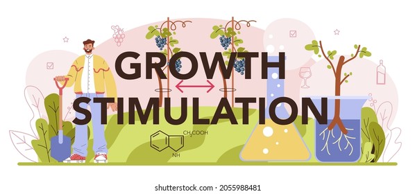 Growth stimulation typographic header. Wine production. Grape selection and cultivation. Grape pruning and trees planting density. Flat vector illustration