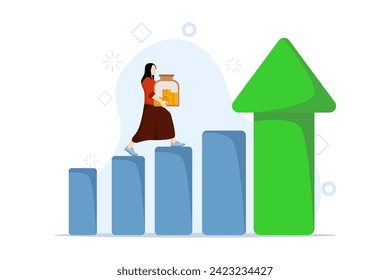 Growth stock concept, economic prosperity or growth returns in savings and investment, confident businessman investor holding rich pink piggy bank running over green arrow stock market bar graph.