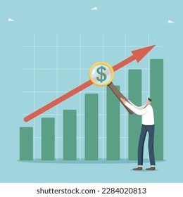 Growth of the stock and currency market, increase in investment profit and sales income, progress and development of economic and business , a man with a magnifying glass next to a growing graph.