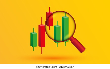 Growth Stock Diagram Financial Graph. Candlestick With Magnify Glass Trading Stock Or Forex 3d Icon Vector Illustration Style