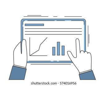 Growth of stock exchange and profit on investments.Concept of design of the mobile application for finansit, economists and businessmen.Touch screen tablet and hand.In flat style a linear art a vector