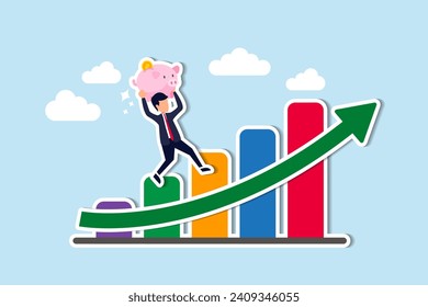 Growth stock, prosperity economic or growth return in savings and investment concept, confident businessman investor hold wealthy pink piggy bank walking up rising green arrow stock market bar graph.