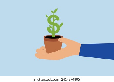 Growth stock return, businessman financial specialist hand offering hold plants pot with developing cash tree with dollar sign.