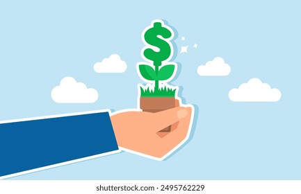 Growth stock returns or dividends, investment, saving, and business success lead to prosperity, concept of A businessman investor holds a plant pot with a growing money tree bearing dollar signs