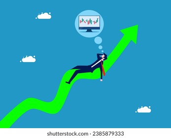 Valores de crecimiento. empresario durmiente sueña con ver un gráfico de acciones en un gráfico de curva de crecimiento