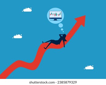 Valores de crecimiento. empresaria durmiente sueña con ver un gráfico de acciones en un gráfico de curva de crecimiento