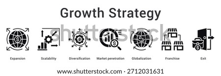 Growth strategy banner web icon focuses expansion scalability and diversification through market penetration and globalization models.