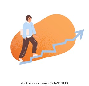 Growth strategy, career path development, training or improvement, business man climbs up on career path stairs arrow in rising up direction. Personal growth and goal achievement