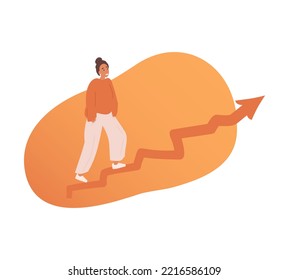 Growth strategy, career path development, training or improvement, business woman climbs up on career path arrow in rising up direction. Personal growth and goal achievement