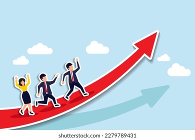 Estrategia de crecimiento, desarrollo de la trayectoria profesional o crecimiento de la actividad empresarial, formación o mejora de los empleados, concepto de promoción de empleo, empleados de negocios que corren por la trayectoria profesional flecha en dirección ascendente