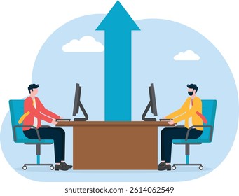 Growth strategy, career path development. Two businessman at arrow table. Illustration


