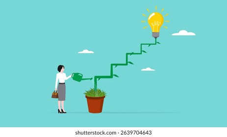 growth strategy, career path development or growing business, business woman watering plant with lightbulb idea to improve career or skills