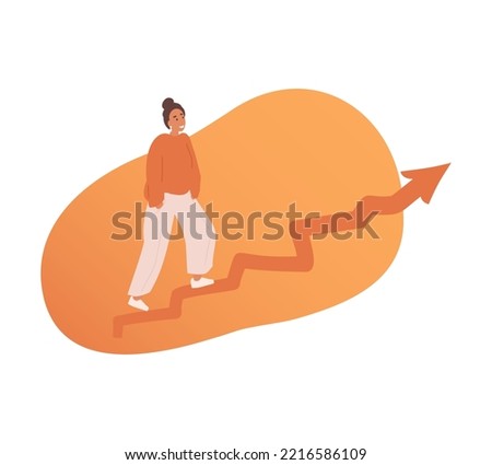 Growth strategy, career path development, training or improvement, business woman climbs up on career path arrow in rising up direction. Personal growth and goal achievement
