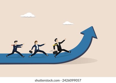 Growth strategy, career path growing, job promotion concept, businessman people employees running on career path arrow in rising up direction.