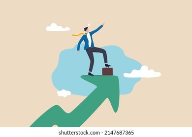 Growth strategy challenge to improve and achieve business goal, leadership to lead company to meet target, motivation concept, confidence businessman stand on growing arrow pointing up in the sky.