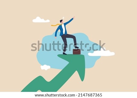 Growth strategy challenge to improve and achieve business goal, leadership to lead company to meet target, motivation concept, confidence businessman stand on growing arrow pointing up in the sky.