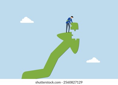 Growth strategy, clever entrepreneur placed final piece of jigsaw puzzle to finish upward arrow metaphor representing growth. 