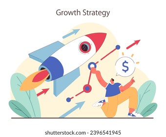 Growth Strategy concept. Enthusiastic man boosts business with rocket, signifies financial uplift and innovative approach. Flat vector illustration.