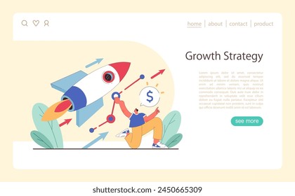 Growth Strategy concept. Enthusiastic man boosts business with rocket, signifies financial uplift and innovative approach. Flat vector illustration.