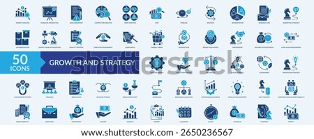 Growth and strategy icon collection set with market analysis, financial projection, risk assessment, supply chain optimization,quality control