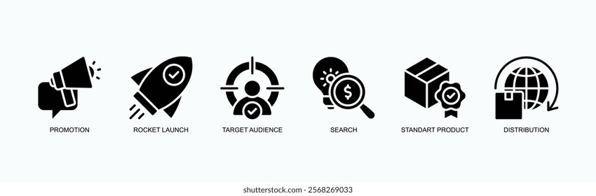 Growth And Strategy Icon Set Icon Set Isolated Vector Illustration Concept With Icon Of Promotion, Rocket Launch, Target Audience, Search, Standart Product, Distribution In Glyph Style