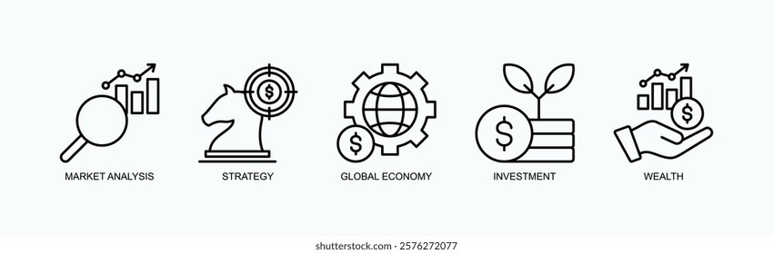 Growth And Strategy Icon Set Isolated Vector With Icon Of Market Analysis, Strategy, Global Economy, Investment, Wealth In Outline Style