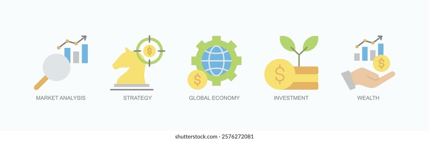 Growth And Strategy Icon Set Isolated Vector With Icon Of Market Analysis, Strategy, Global Economy, Investment, Wealth In Flat Style