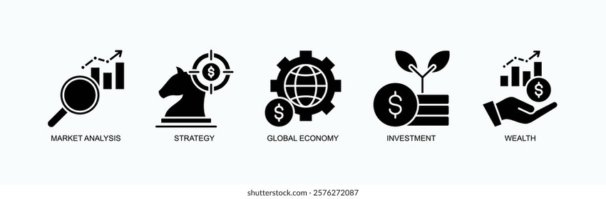 Growth And Strategy Icon Set Isolated Vector With Icon Of Market Analysis, Strategy, Global Economy, Investment, Wealth In Glyph Style