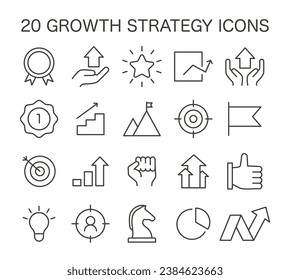 Growth Strategy Icons set. Essential elements for corporate advancement and market success. Targets, achievements, and performance analysis. vector illustration