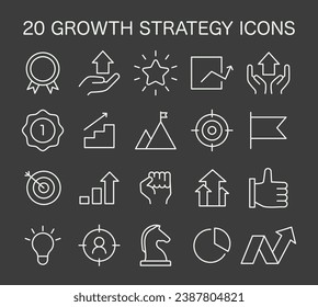 Growth Strategy Icons set. Essential elements for corporate advancement and market success. Targets, achievements, and performance analysis. vector illustration