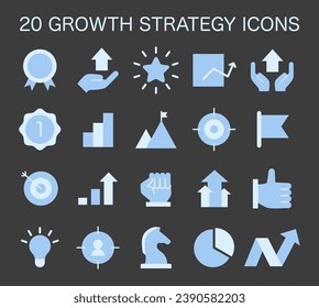 Growth Strategy Icons set. Essential elements for corporate advancement and market success. Targets, achievements, and performance analysis. vector illustration