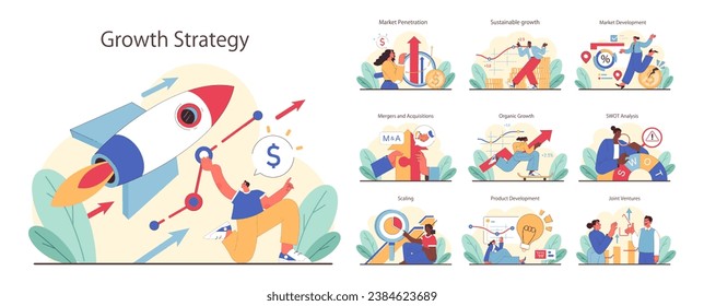 Growth Strategy set. Entrepreneurs drive success via rockets, market dives, and strategic tools. Market Penetration, Sustainable growth, Mergers. Organic progress, SWOT insights, Joint ventures.