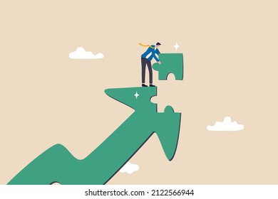 Growth Strategy, Solving Problem To Success In Work, Solution Or Growing Business Concept, Smart Businessman Put Last Piece Of Jigsaw Puzzle To Complete Rising Up Arrow Metaphor Of Growth.