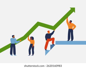 Growth strategy, successful development in collaboration. Support and partnership for efficiency work process. Business people help arrow chart to rise up. Vector illustration