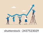 Growth strategy, team collaboration to grow business success, teamwork or partnership to develop or improve work efficiency concept, businessman and woman employee team help grow rising arrow chart.