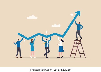 Growth strategy, team collaboration to grow business success, teamwork or partnership to develop or improve work efficiency concept, businessman and woman employee team help grow rising arrow chart.