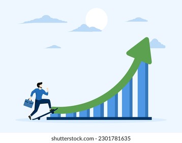 Growth for success, career development or gain financial gain, business growth to achieve goals, progress or improvement, businessman with skateboard preparing to run on growing growth chart.