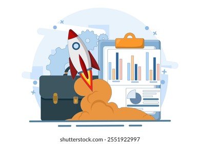 growth and success concept in business. rocket launch from briefcase containing coins and clipboard, symbolizes growth and success in business. flat vector illustration on background.