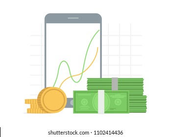 Growth, success concept in flat style with graph chart on the gadget's screen and money. Finance, market, chart, financial graph, trade analysis, economic, invest concept. Business vector graph chart