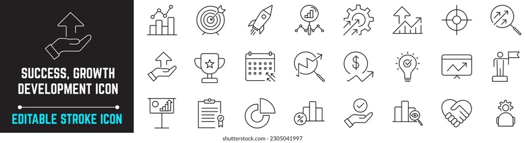  Growth, Success and Development Editable Stroke thin line icons. Icon includes Success, Growth, Progress, Checklist, Development, Focus. Growth symbols collection. Vector illustration 