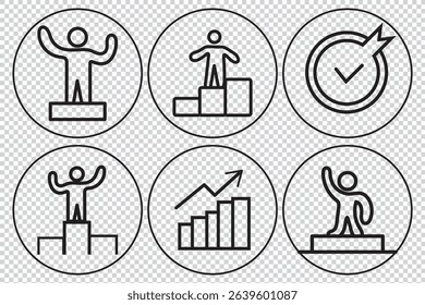 Growth, Success and Development Editable Stroke thin line icons. Icon includes Success, Growth, Progress, Checklist, Development, Focus. Stand top.Growth symbols collection. Vector illustration EPS 10