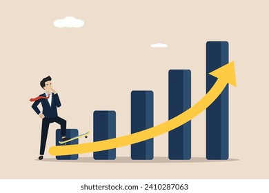 Growth for success, growing business to achieve goal, career development, businessman with skateboard prepare to run on growth rising graph.