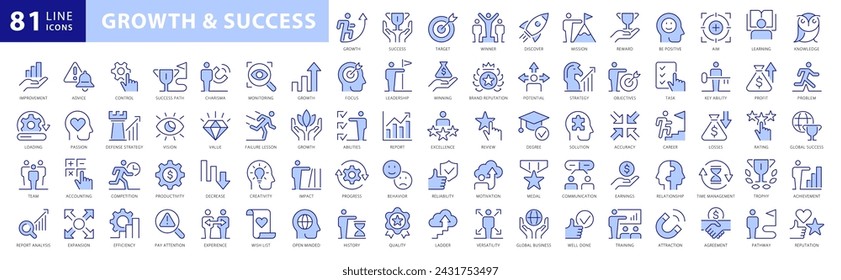 Conjunto de iconos de crecimiento y éxito. Con conceptos como Aprendizaje, Objetivo, Recompensa, Logro, Misión, Descubrimiento, Ganador y más iconos. Colección de iconos planos de doble color. Ilustración de vector