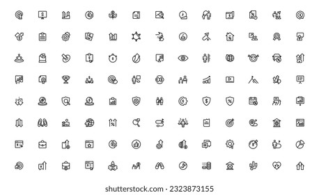 Juego de iconos Crecimiento y Éxito. Símbolo de proceso, plan y desarrollo de negocios exitoso. Objetivos y metas relacionados