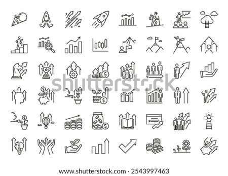 Growth and Success Icon set. Vector thin line illustrations. Growing, developing, arrows going up. Business, wealth and personal improvement