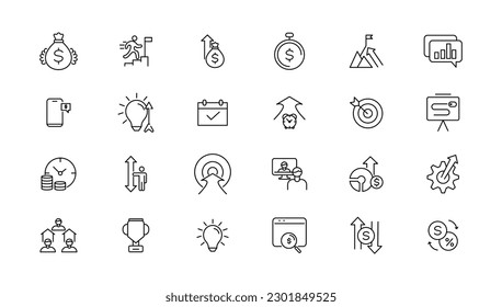 Growth and success line icons collection. Big UI icon set in a flat design. Thin outline icons pack. 
