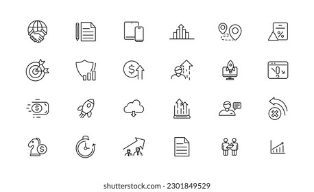 Growth and success line icons collection. Big UI icon set in a flat design. Thin outline icons pack. 
